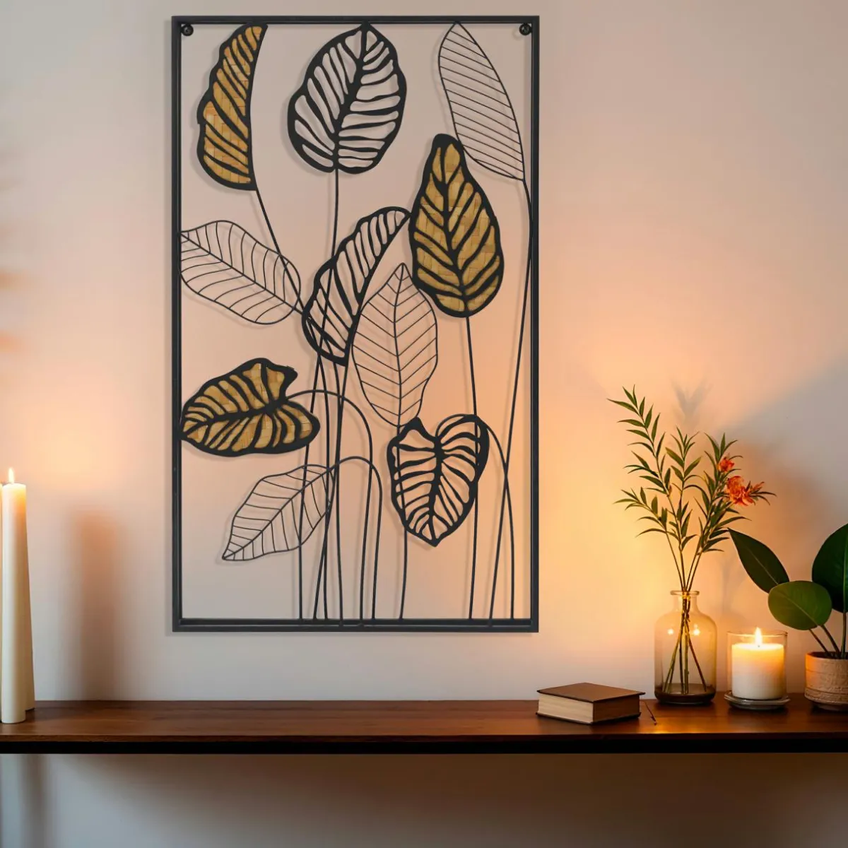 EMINZA Décoration murale en métal (H82 cm) Feuilles en ratan Noir