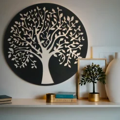 EMINZA Décoration murale ronde en métal (D60 cm) Arbre de vie Noir Discount