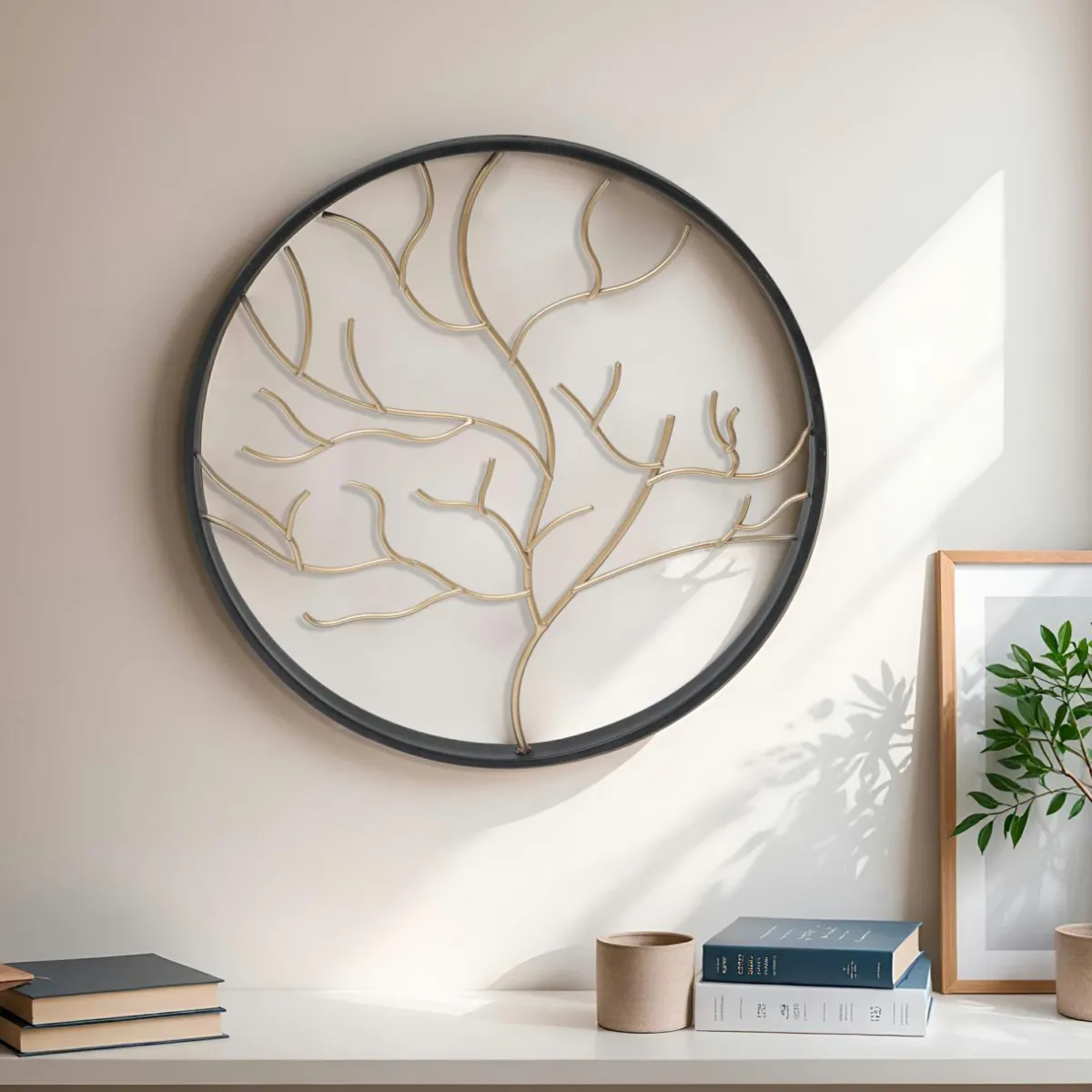 EMINZA Décoration murale ronde en métal (D28 cm) Arbre contemporain et doré Noir Clearance