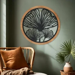 EMINZA Décoration murale ronde en métal (D60 cm) Ginkgo Noir New