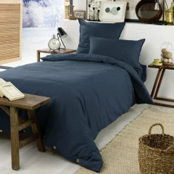 EMINZA Drap housse flanelle de coton (90 x 190 cm) Théa Bleu nuit Discount