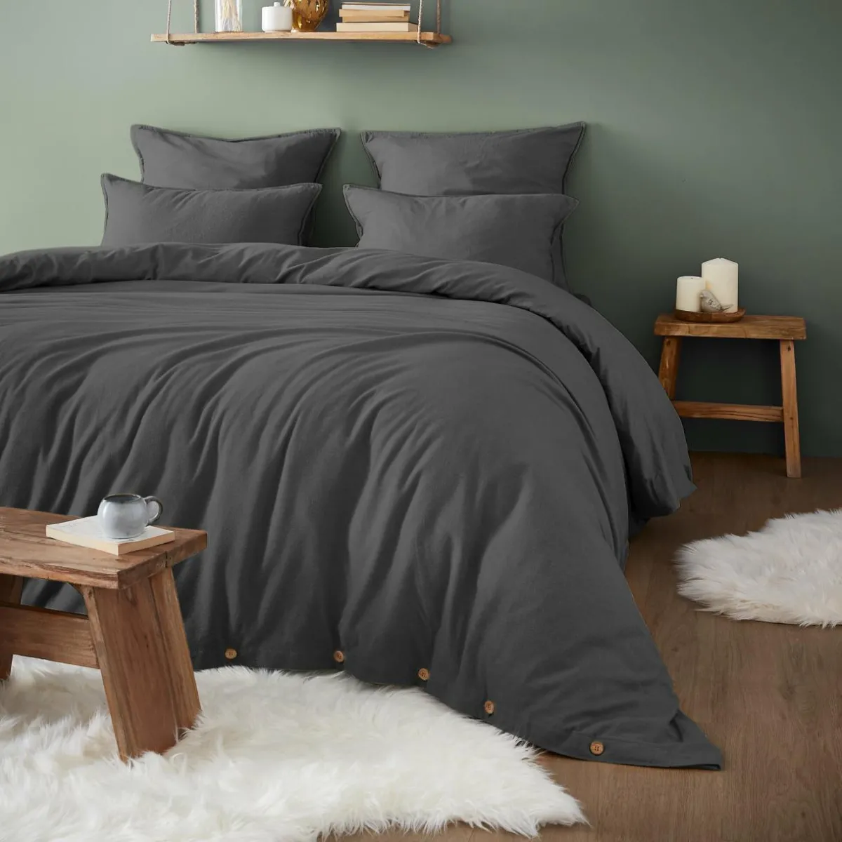 EMINZA Drap housse flanelle de coton (140 x 190 cm) Théa Gris Anthracite New