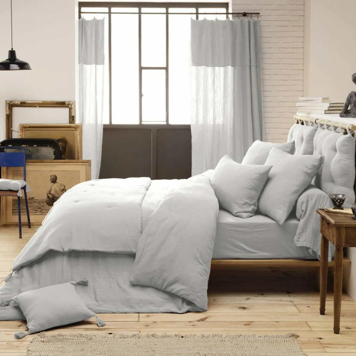 EMINZA Drap housse gaze de coton (90 x 200 cm) Gaïa Gris nuage Gris clair New