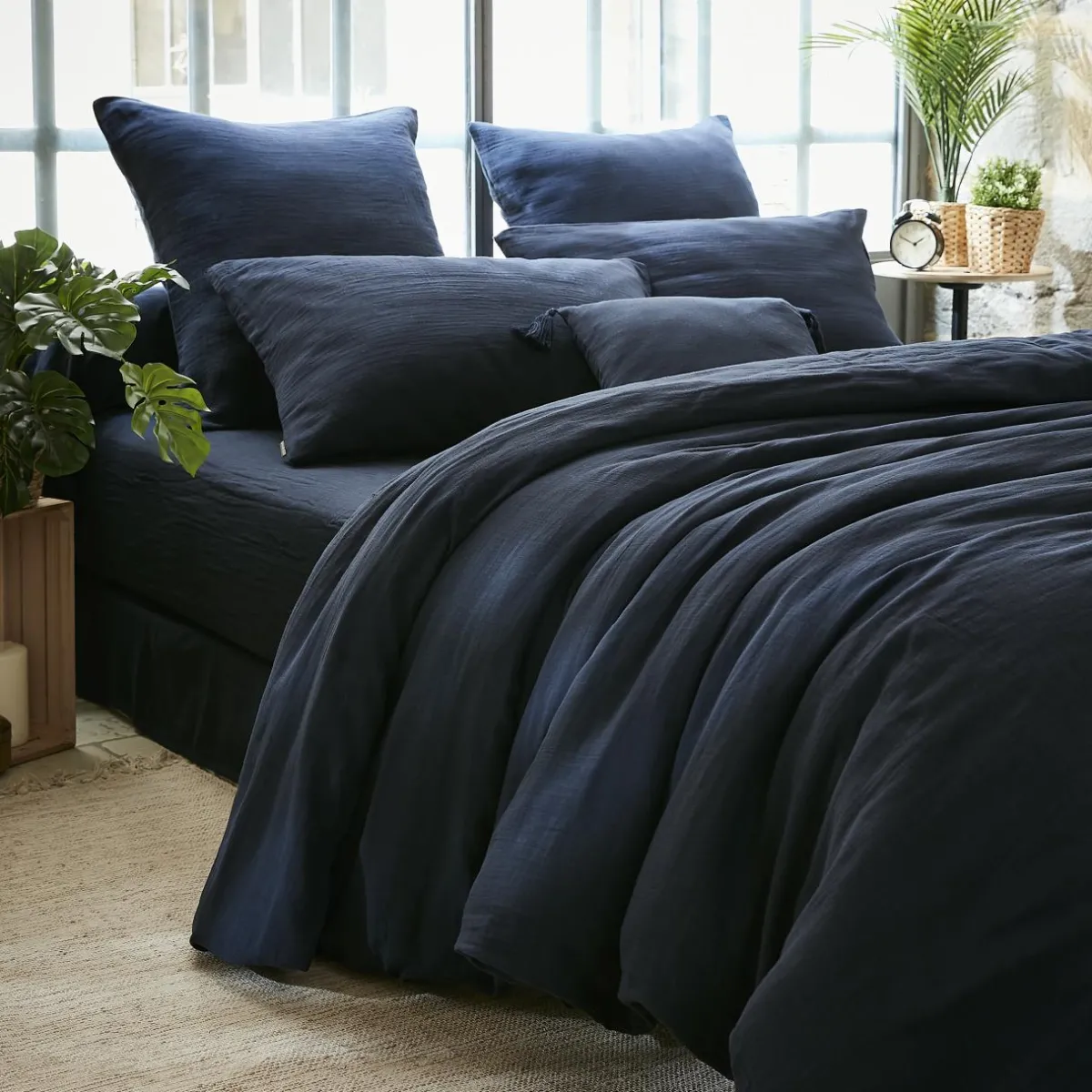 EMINZA Drap housse gaze de coton (90 x 200 cm) Gaïa Bleu nuit Clearance