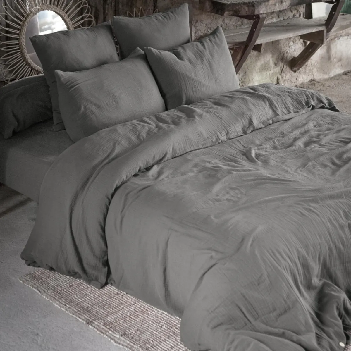 EMINZA Drap housse gaze de coton (180 x 200 cm) Gaïa Gris granit Gris foncé Discount