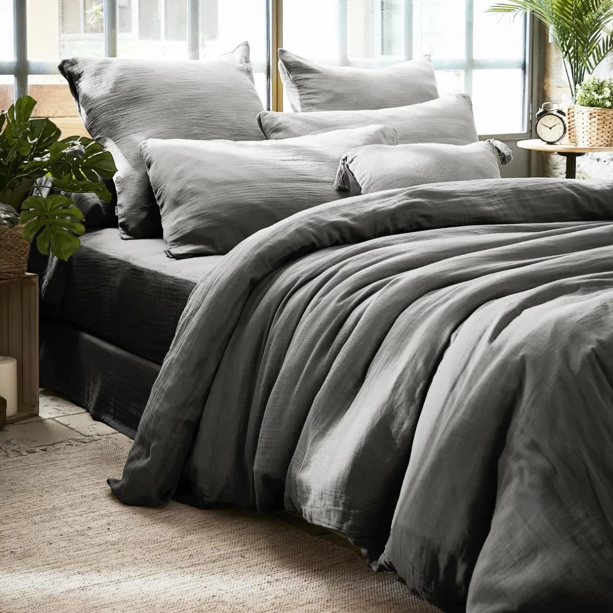 EMINZA Drap housse gaze de coton (90 x 200 cm) Gaïa Gris granit Gris foncé New
