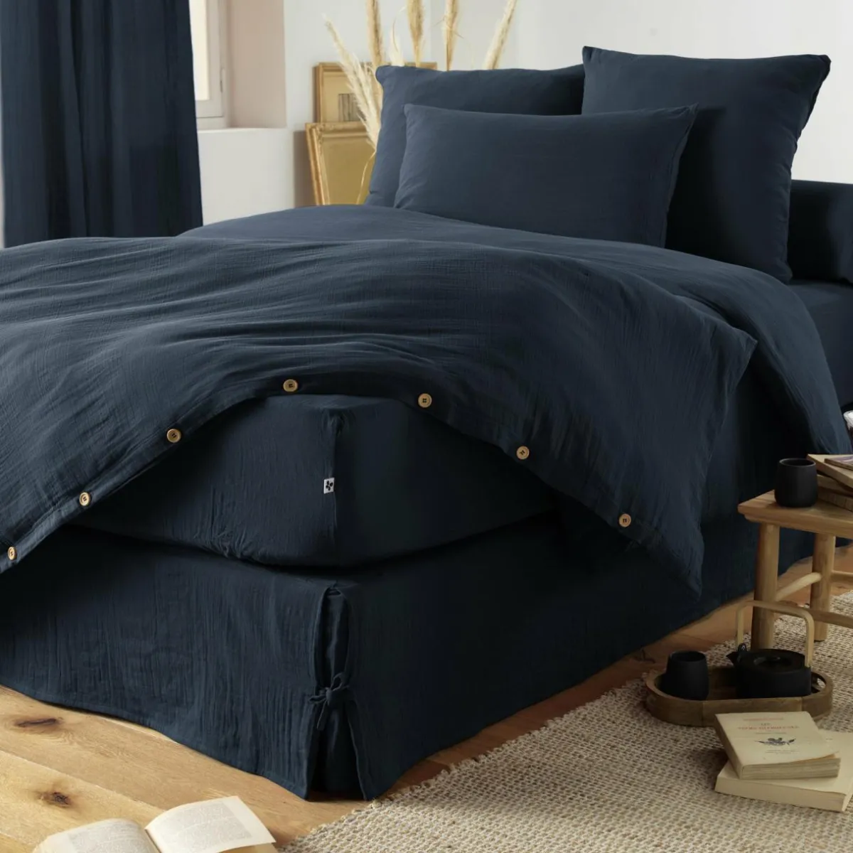 EMINZA Drap housse gaze de coton (180 x 200 cm) Gaïa Bleu nuit Sale