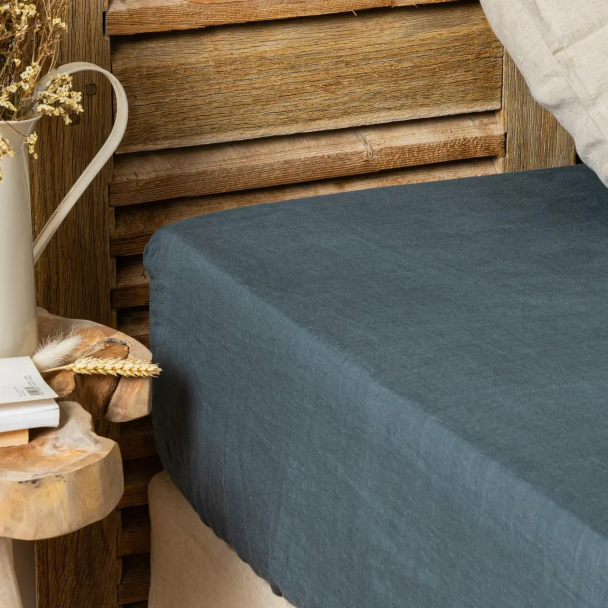 EMINZA Drap housse lin lavé (160 x 200 cm) Louise Gris ardoise Clearance