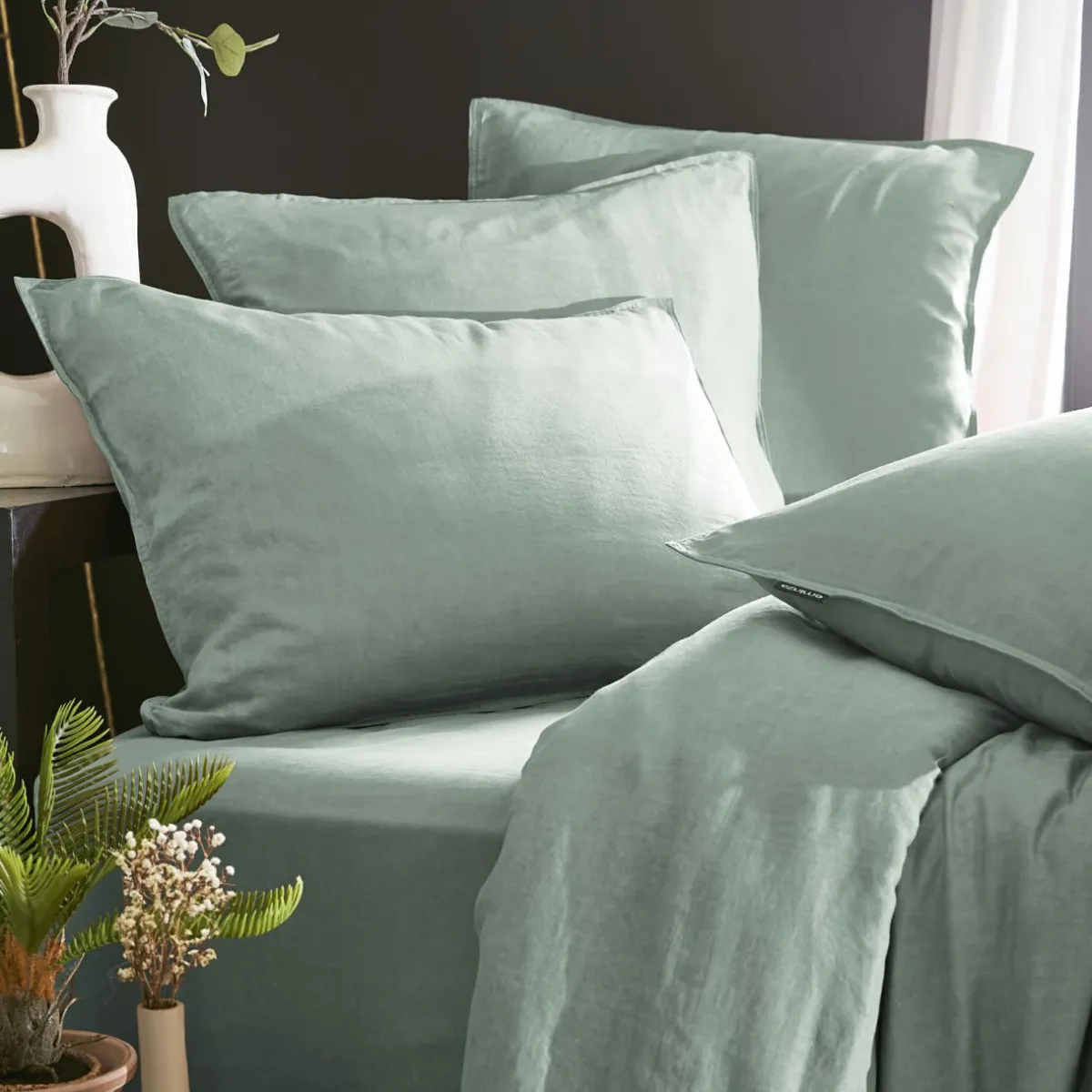EMINZA Drap housse lyocell Tencel™ lavé (90 x 190 cm) Olivia Vert Eucalyptus Discount