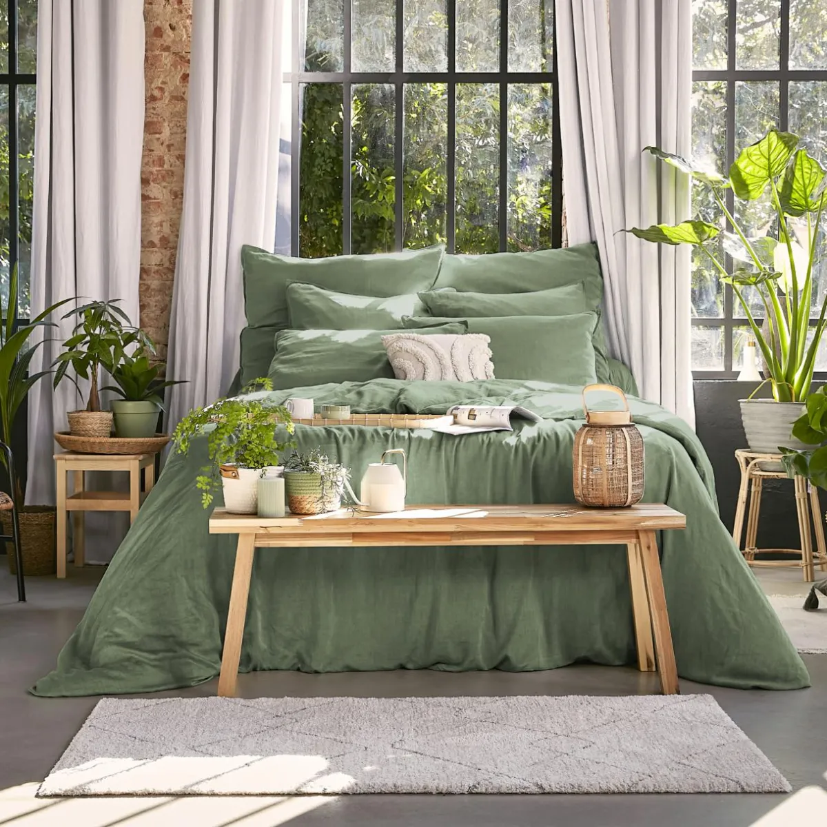 EMINZA Drap housse lyocell Tencel™ lavé (140 x 200 cm) Olivia Vert romarin Discount