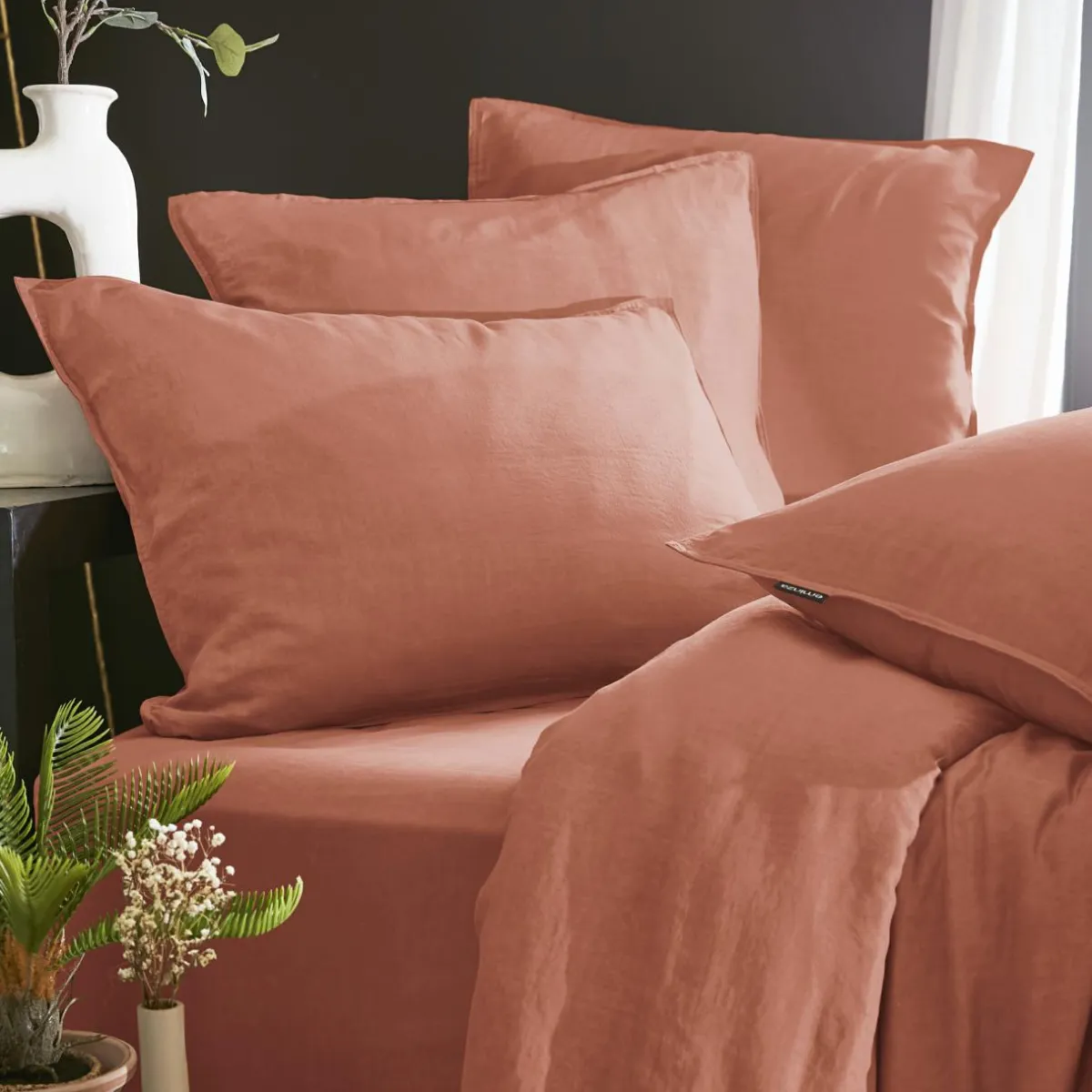 EMINZA Drap housse lyocell Tencel™ lavé (90 x 190 cm) Olivia Terracotta Discount