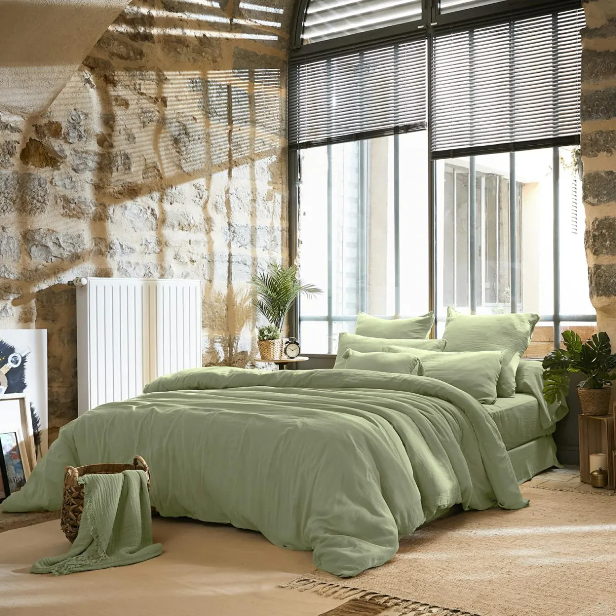 EMINZA Drap plat gaze de coton (240 x 300 cm) Gaïa Vert tilleul Sale