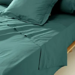 EMINZA Drap plat percale de coton (240 x 300 cm) Cali Bleu canard Discount