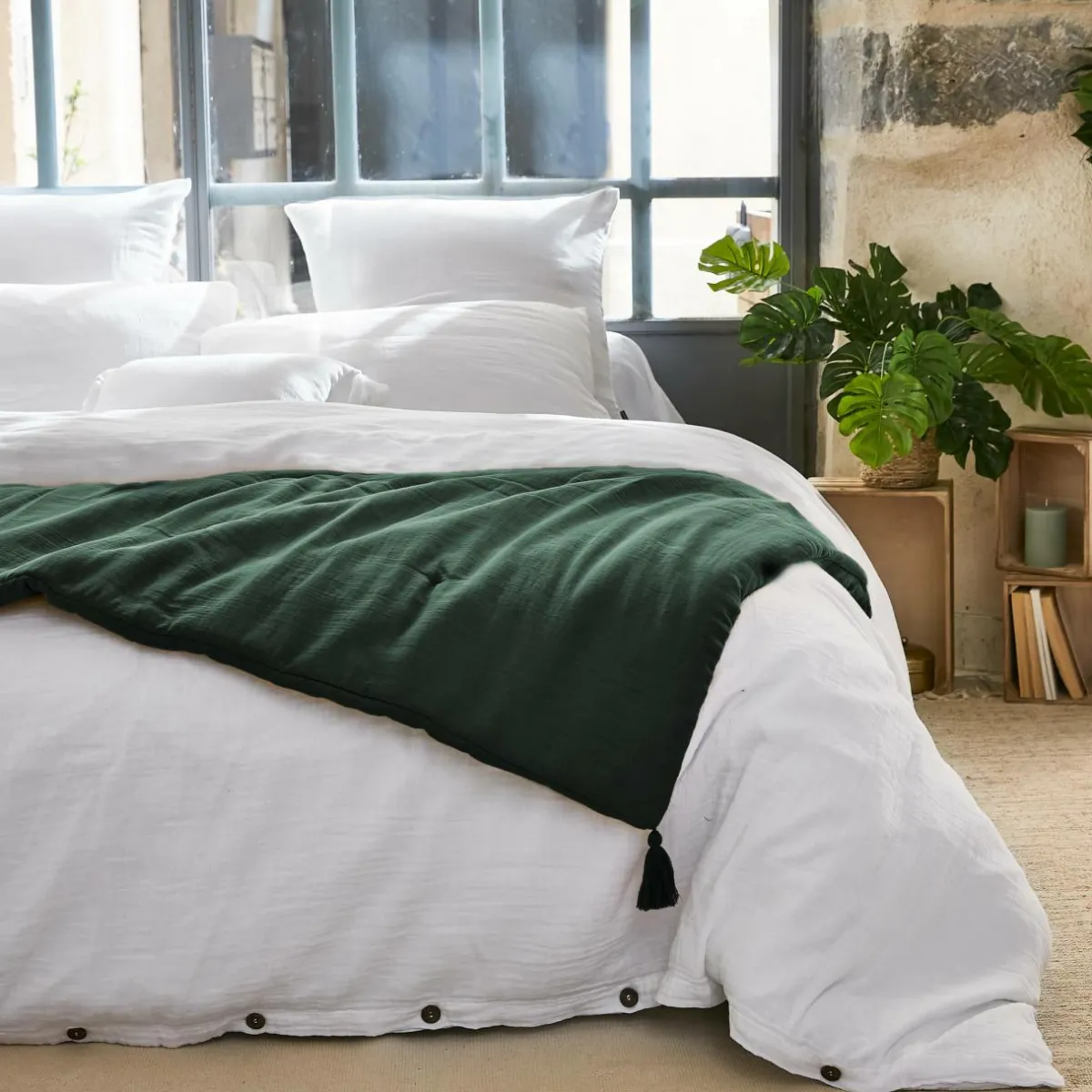 EMINZA Édredon gaze de coton (150 x 150 cm) Gaïa Vert sapin Online