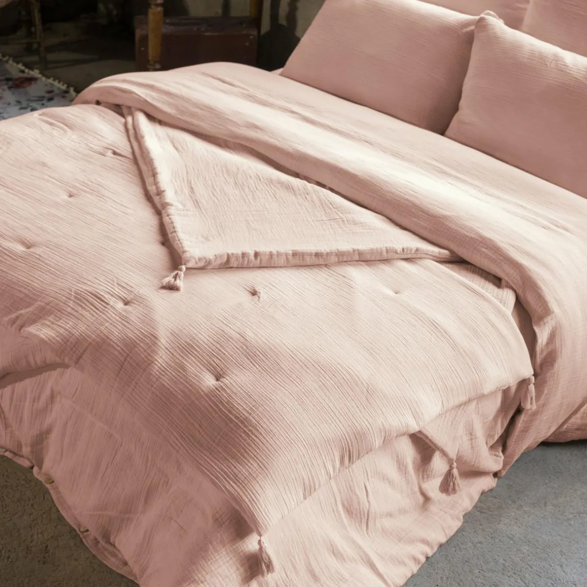 EMINZA Edredon gaze de coton (150 x 150 cm) Gaïa Rose poudré Sale