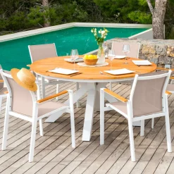 MOBELLIA Fauteuil de jardin aluminium et bois teck empilable Bali Blanc Outlet