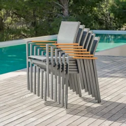 MOBELLIA Fauteuil de jardin aluminium et bois teck empilable Bali Gris Anthracite Best