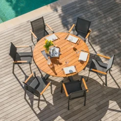 MOBELLIA Fauteuil de jardin aluminium et bois teck empilable Bali Gris Anthracite Best