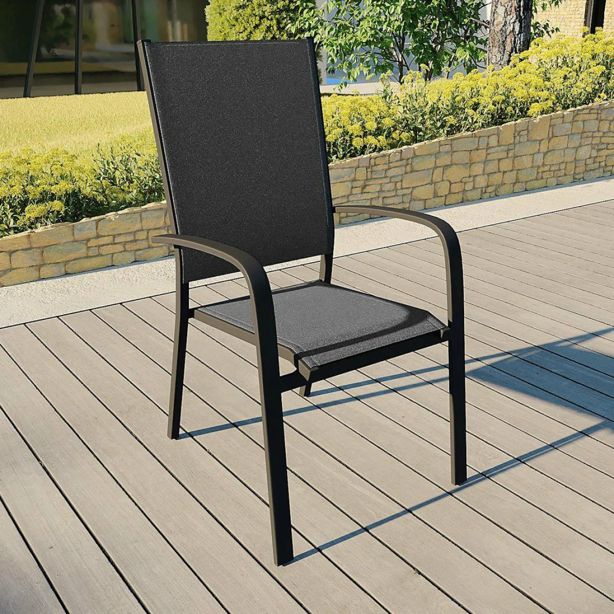 MOBELLIA Fauteuil de jardin dossier haut aluminium empilable Murano Gris Anthracite New