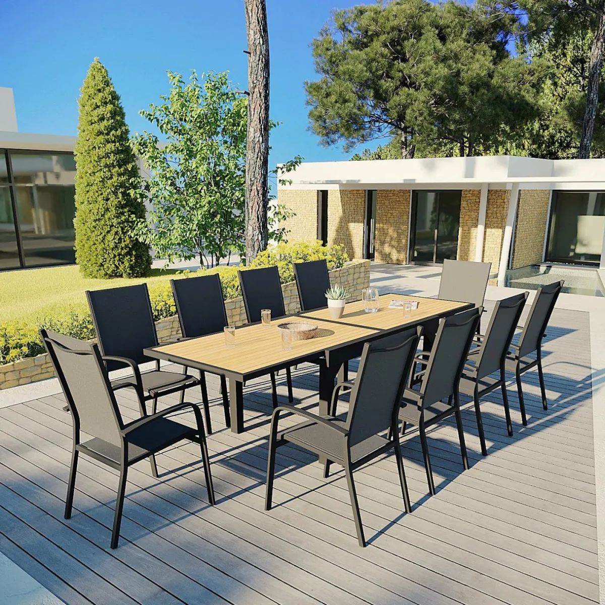 MOBELLIA Fauteuil de jardin dossier haut aluminium empilable Murano Gris Anthracite New