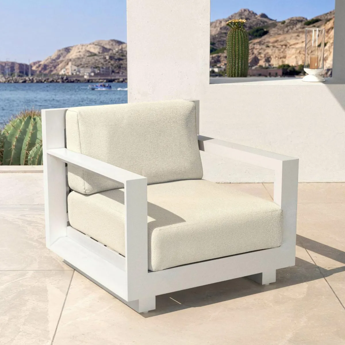 MOBELLIA Fauteuil de jardin détente en aluminium Elba Blanc et beige Blanc - Beige Best