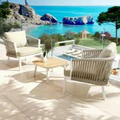 MOBELLIA Fauteuil de jardin détente en aluminium Amalfi Blanc et beige Blanc - Beige