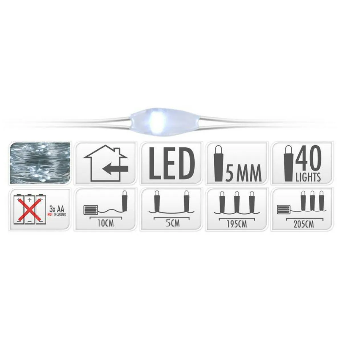 KOOPMAN Guirlande lumineuse à piles 195 cm 40 micro LED Fil d'argent Blanc froid Best