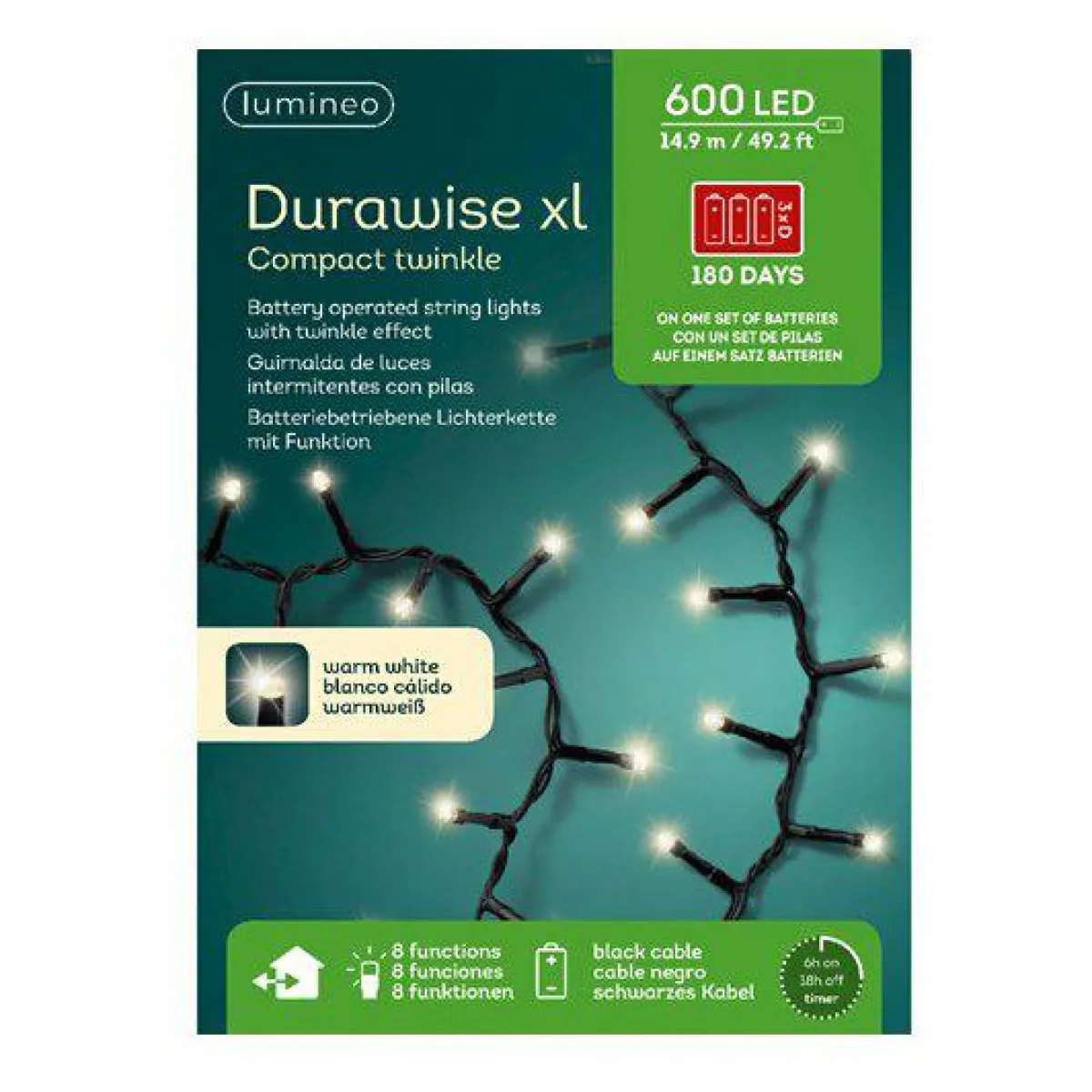 KAEMINGK Guirlande lumineuse Durawise à piles 14,98 m 600 LED câble noir Blanc chaud Blanc Chaud - câble noir Outlet