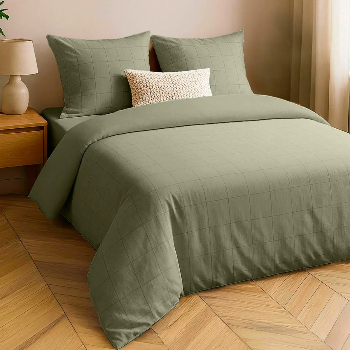 douceur d'intu017drieur Housse de couette et deux taies d'oreiller coton lavé (260 x 240 cm) Linella Vert sauge
