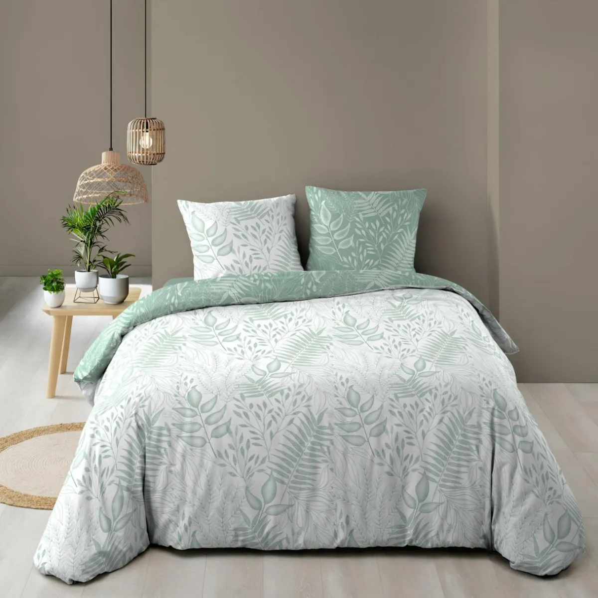 douceur d'intu017drieur Housse de couette et deux taies coton (260 x 240 cm) Cassia Vert sauge