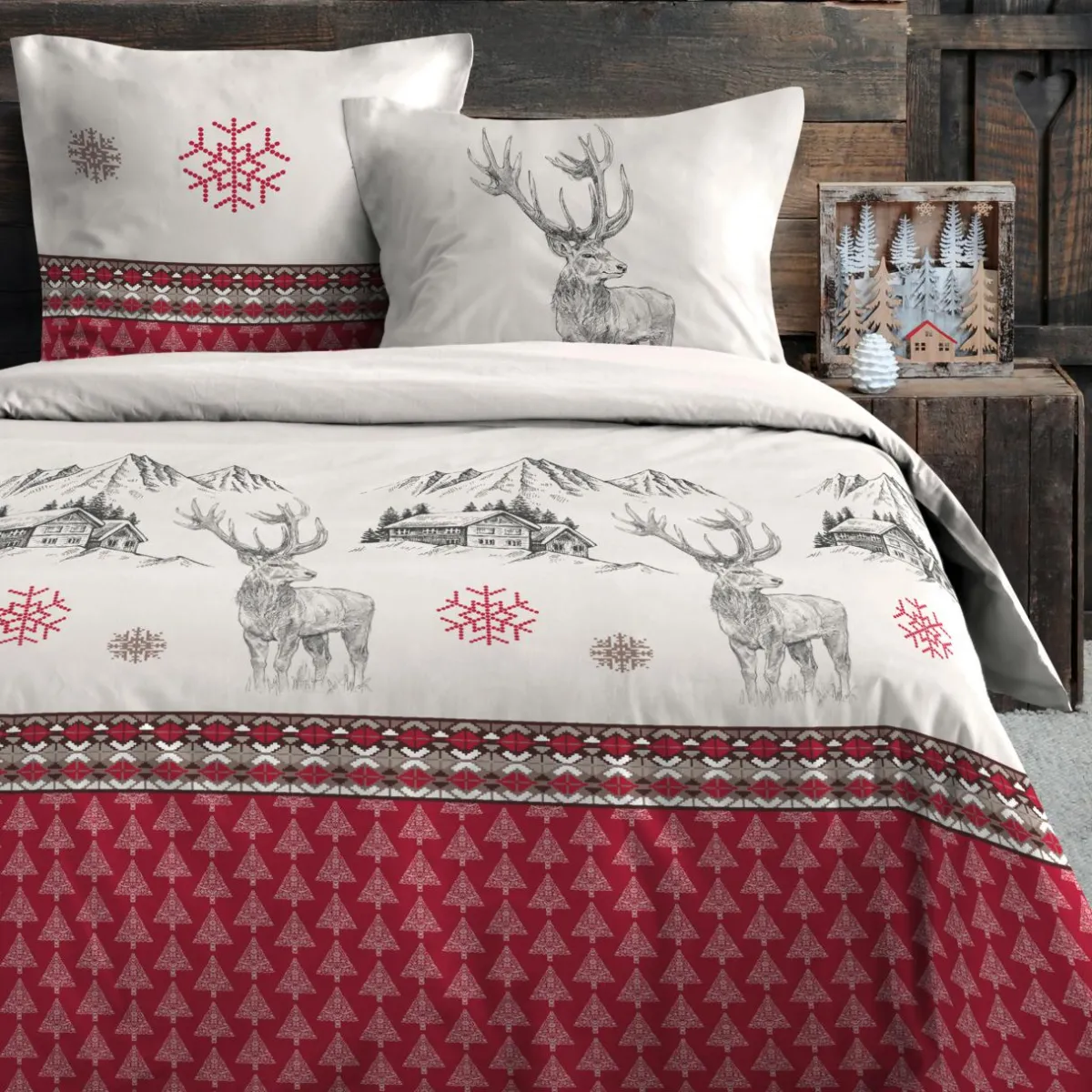 STOF Housse de couette et deux taies d'oreiller en coton (240 x 220 cm) Bauges Rouge New