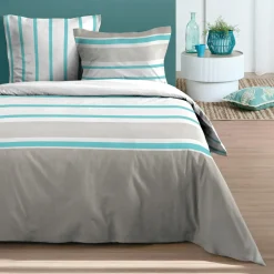 STOF Housse de couette et deux taies d'oreiller en coton (260 x 240 cm) Barbade Vert céladon Online