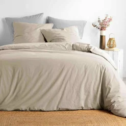 DOUCEUR D'INTERIEUR Housse de couette et deux taies coton lavé (240 x 220 cm) Linette Beige Discount