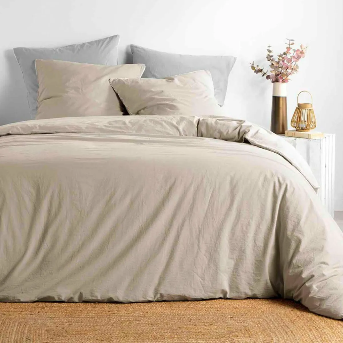 DOUCEUR D'INTERIEUR Housse de couette et deux taies coton lavé (240 x 220 cm) Linette Beige Discount