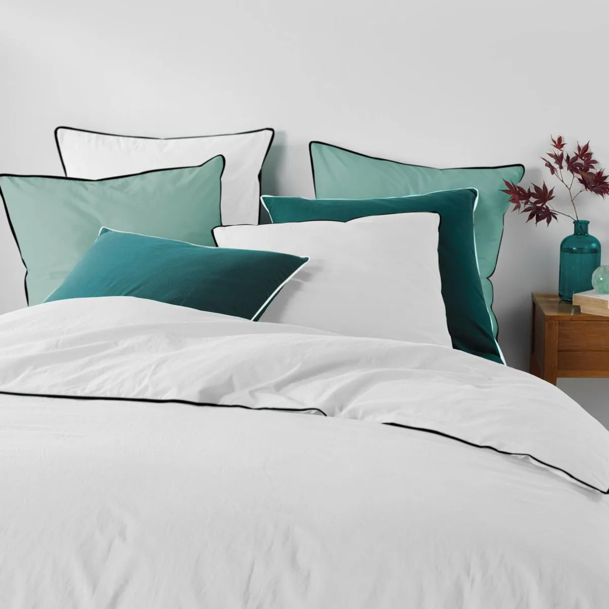 DOUCEUR D'INTERIEUR Housse de couette et deux taies coton lavé (240 x 220 cm) Linette he Blanc Discount