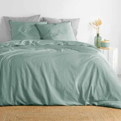 DOUCEUR D'INTERIEUR Housse de couette et deux taies coton lavé (260 x 240 cm) Linette Vert sauge Sale