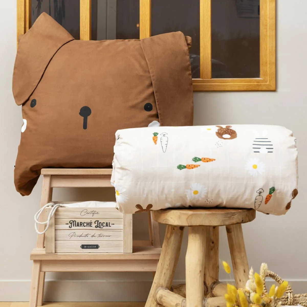 L'EFFET PAPILLON Housse de couette et deux taies enfant coton (200 x 200 cm) Pompon Marron Online