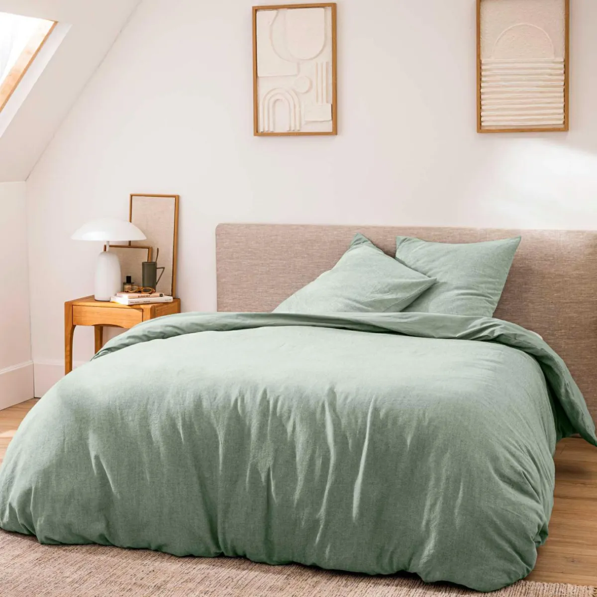 douceur d'intu017drieur Housse de couette et deux taies d'oreiller coton (240 x 220 cm) Meline Vert sauge Outlet