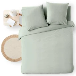 douceur d'intu017drieur Housse de couette et deux taies d'oreiller coton (240 x 220 cm) Meline Vert sauge Outlet