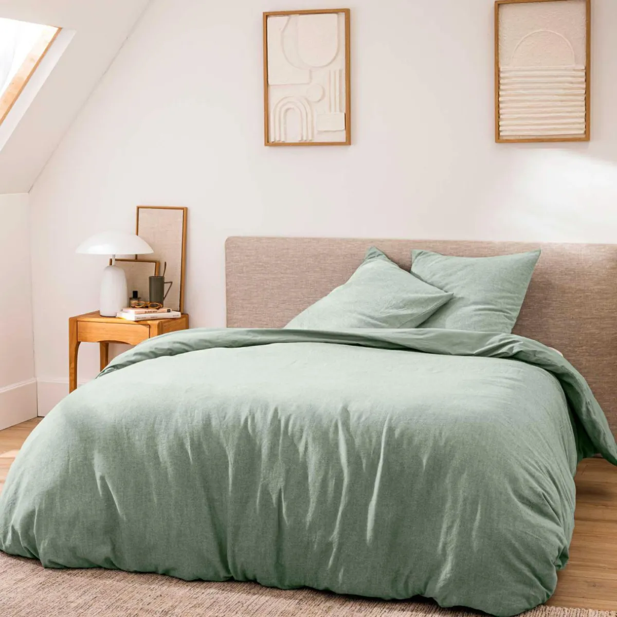 douceur d'intu017drieur Housse de couette et deux taies d'oreiller coton (260 x 240 cm) Meline Vert sauge Outlet