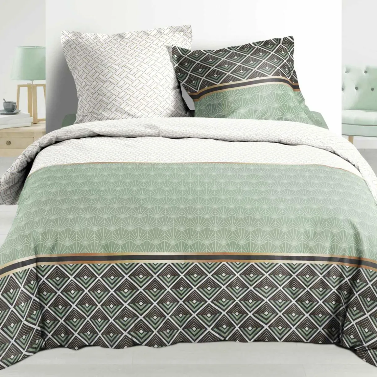 DOUCEUR D'INTERIEUR Housse de couette et deux taies percale de coton (260 x 240 cm) Belor e Vert Online