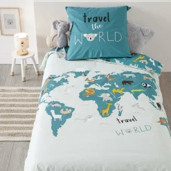 Atmosphera createur d'interieur for kids Housse de couette et une taie enfant coton (140 x 200 cm) Carte du Monde e Bleu Discount