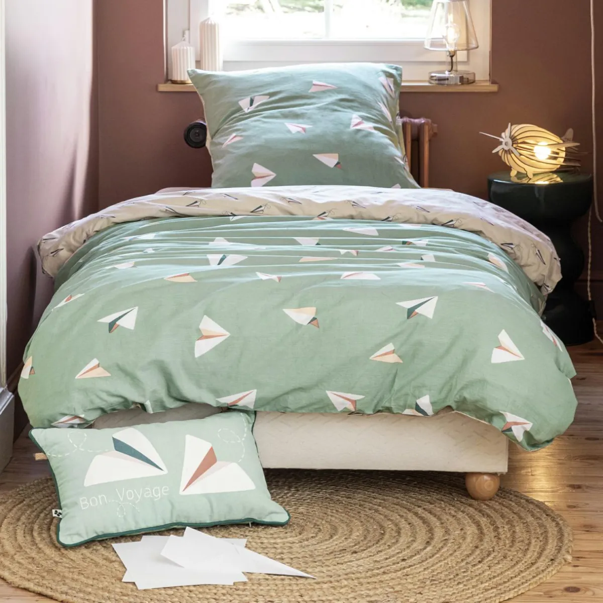 L'EFFET PAPILLON Housse de couette et une taie enfant coton (140 x 200 cm) Petits papiers e Bleu Online