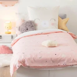 Atmosphera createur d'interieur for kids Housse de couette et une taie enfant coton (140 x 200 cm) Chat Rose New