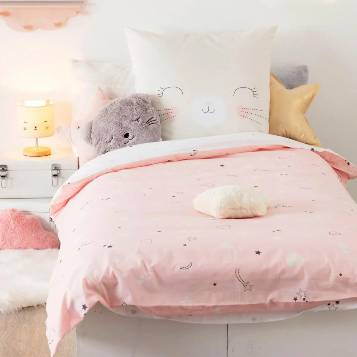 Atmosphera createur d'interieur for kids Housse de couette et une taie enfant coton (140 x 200 cm) Chat Rose New