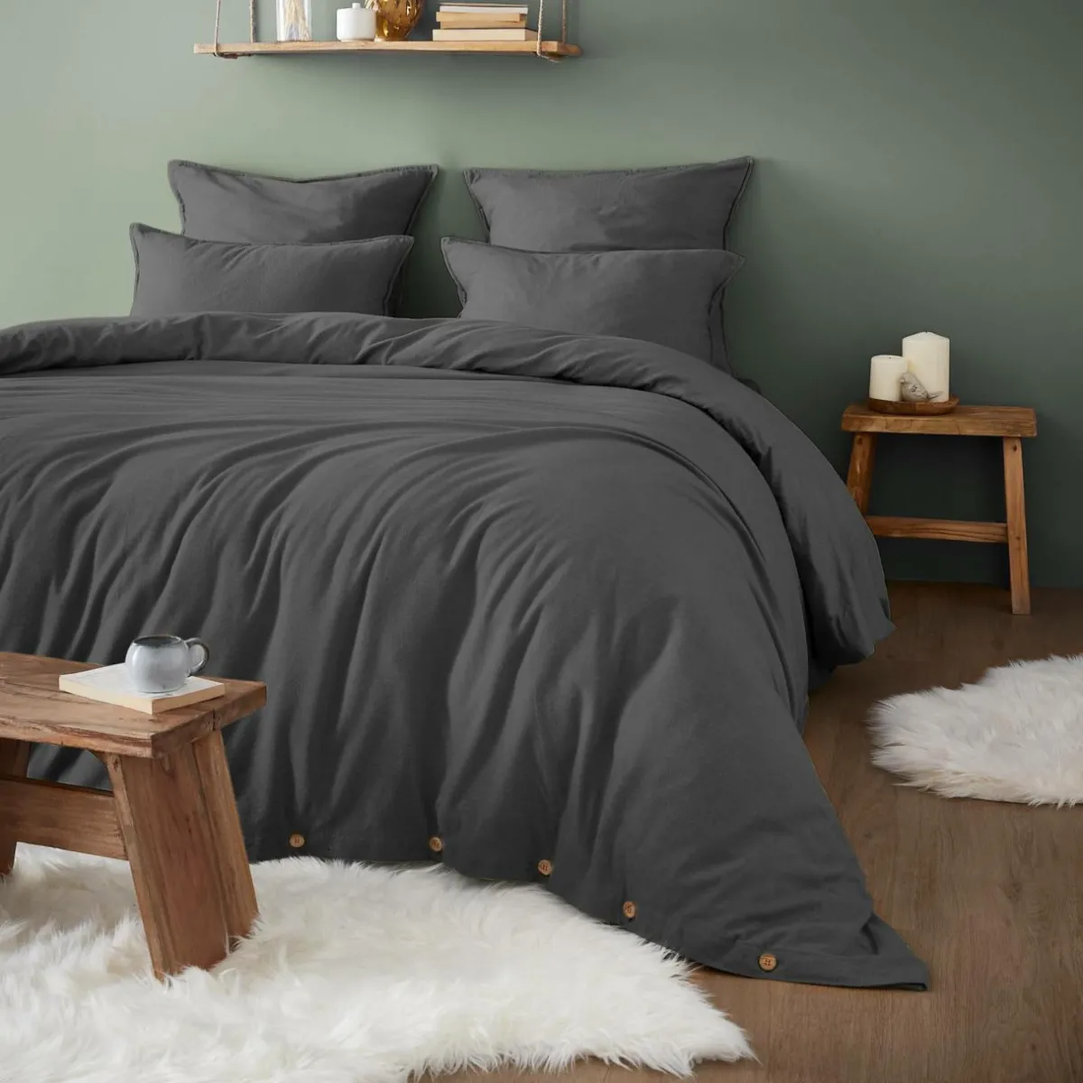 EMINZA Housse de couette flanelle de coton (260 x 240 cm) Nina Gris Anthracite Hot