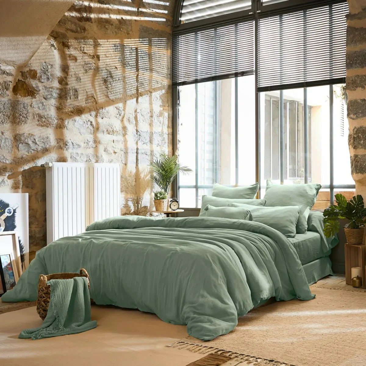 EMINZA Housse de couette gaze de coton (260 x 240 cm) Gaïa Vert Eucalyptus Discount