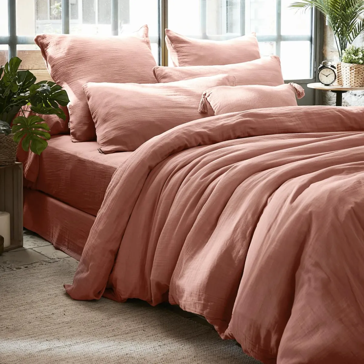 EMINZA Housse de couette gaze de coton (260 x 240 cm) Gaïa Rose Pêche Hot
