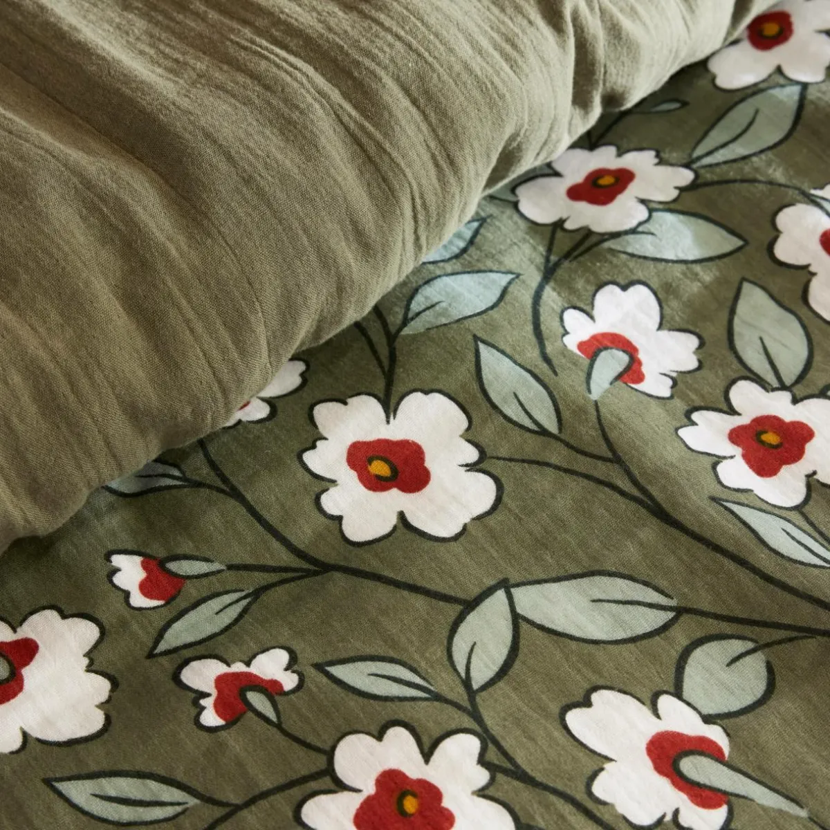 EMINZA Housse de couette gaze de coton (200 x 200 cm) Gaïa Marguerite Vert Romarin New