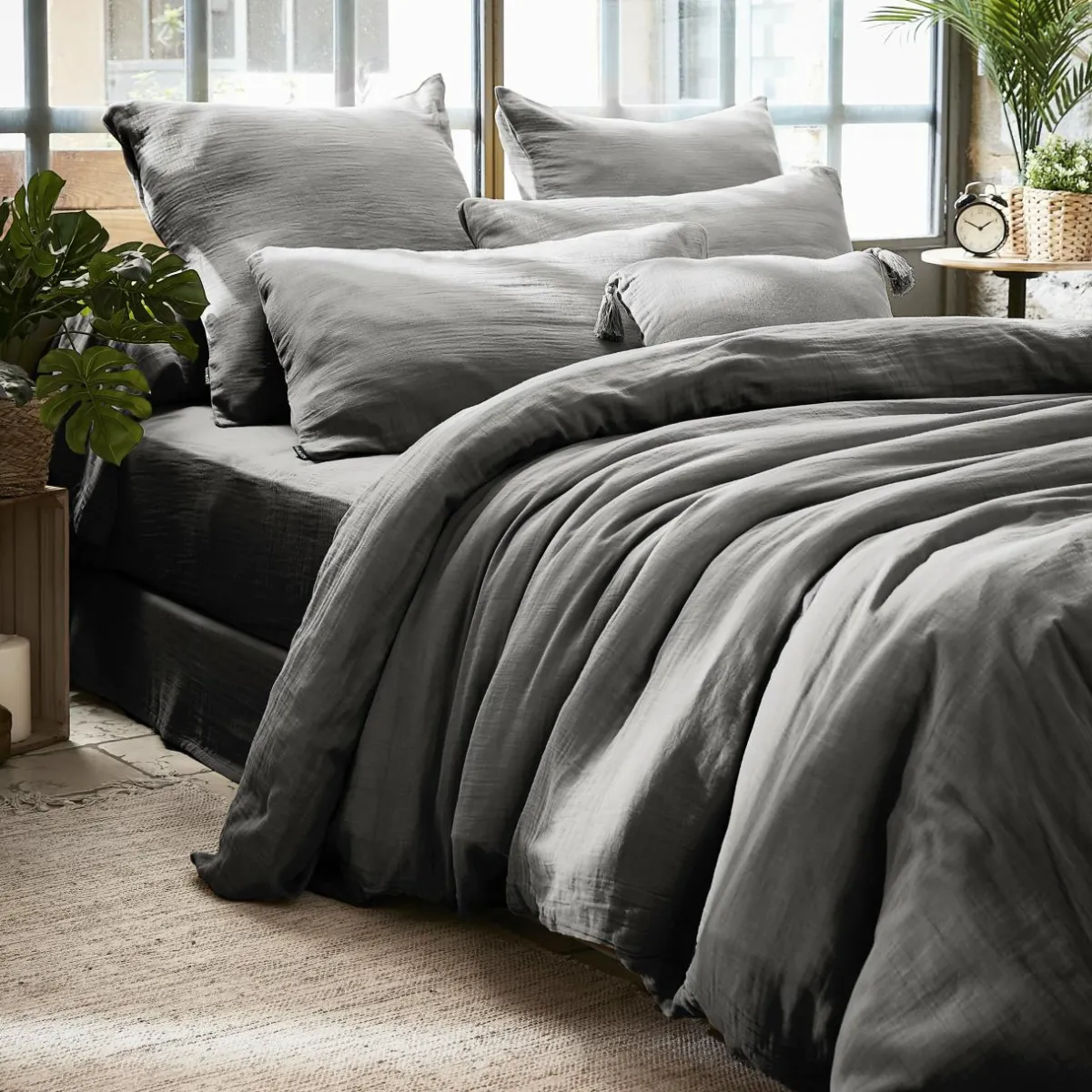 EMINZA Housse de couette gaze de coton (240 x 220 cm) Gaïa Gris granit Gris foncé New